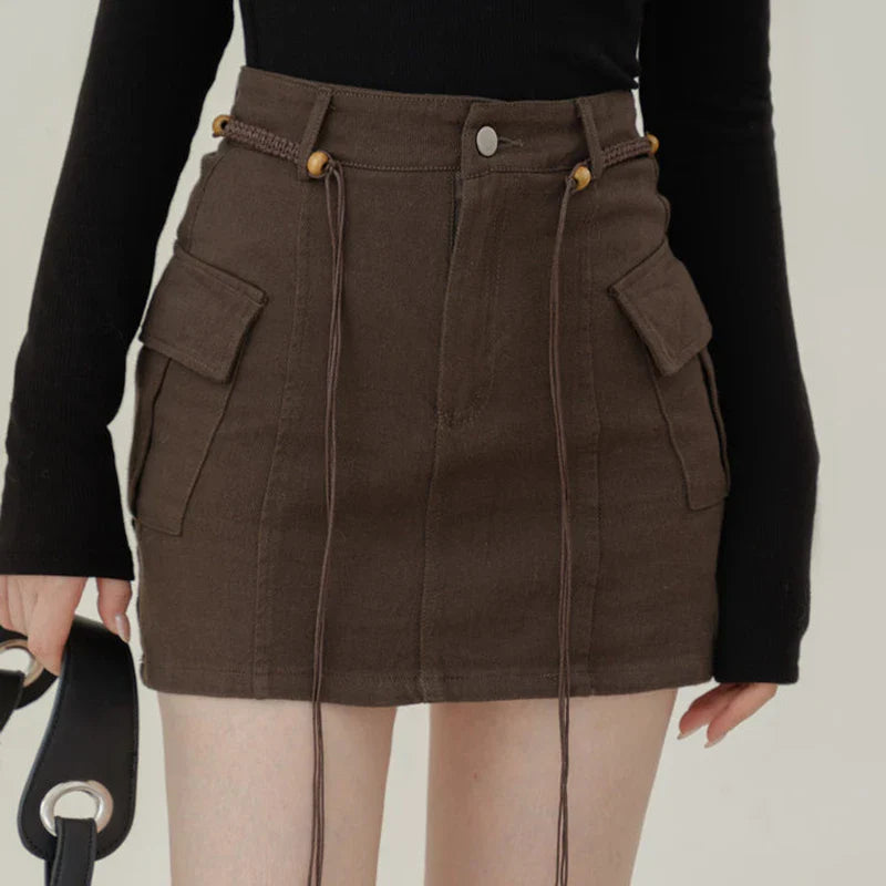 vmtvr High Waist Women Cargo Skirts Summer Fashion Bandages Streetwear Mini Skirts Korean Casual Female Pocket A Line Skirts New