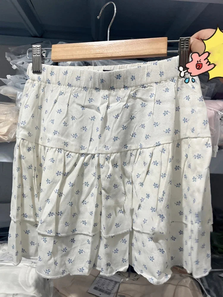 vmtvr Sweet Women Floral Ruffles Mini Skirt 2024 Summer Ladies Cute Elastic High Waist A-line Skirts Female Vintage Chiffon Skirt