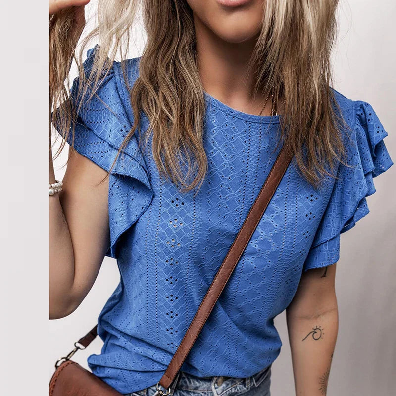 vmtvr Women Sexy O Neck Crochet Lace Blouses 2024 Spring Solid Hollow Jacquad Top Pullover Summer Butterfly Short Sleeve Loose Shirts