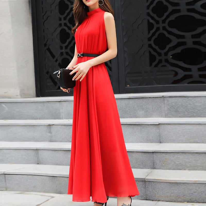 Simple Elegant Ladies Sleeveless Black Red Chiffon Long Dresses Women's Summer Fashion Ruffled Halter High Waist Maxi Dress Robe