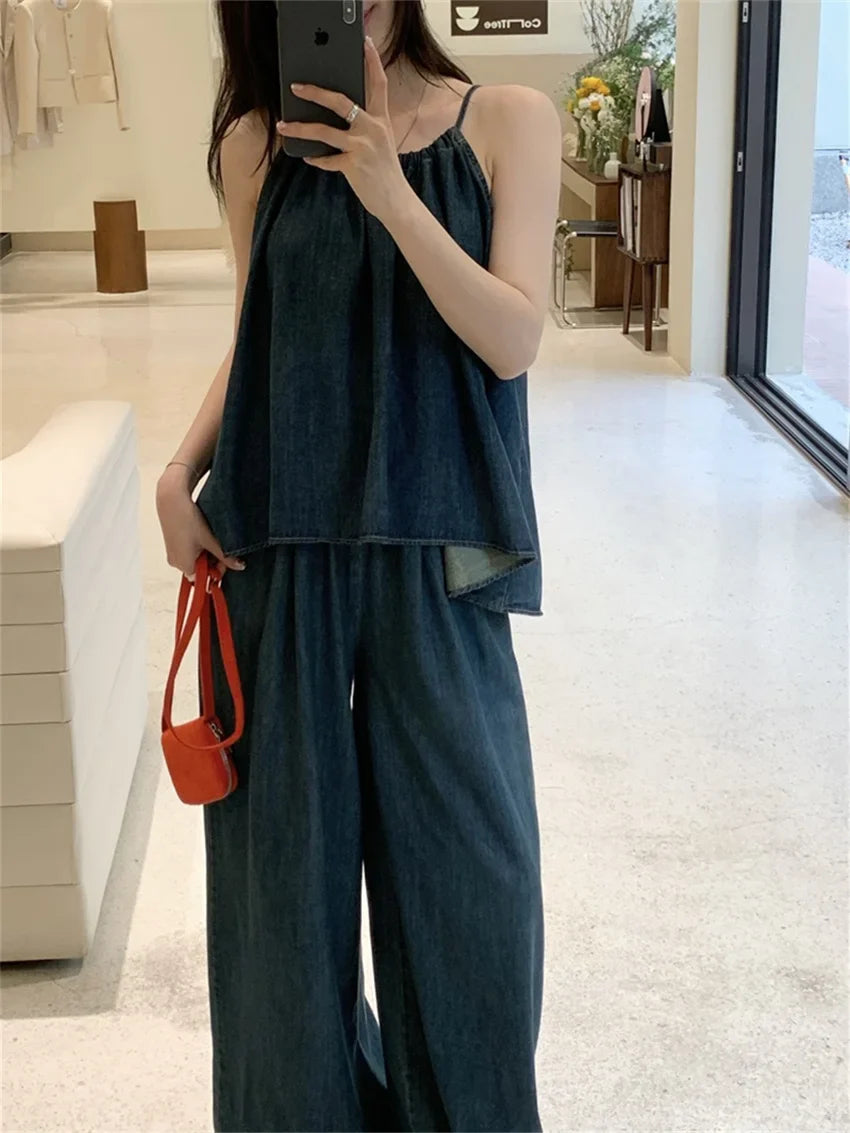 vmtvr Vacation Women Halter New Tank Tops Denim Chic Wide Leg Loose Summer Suit Sweet Casual Office Lady High Street Pants
