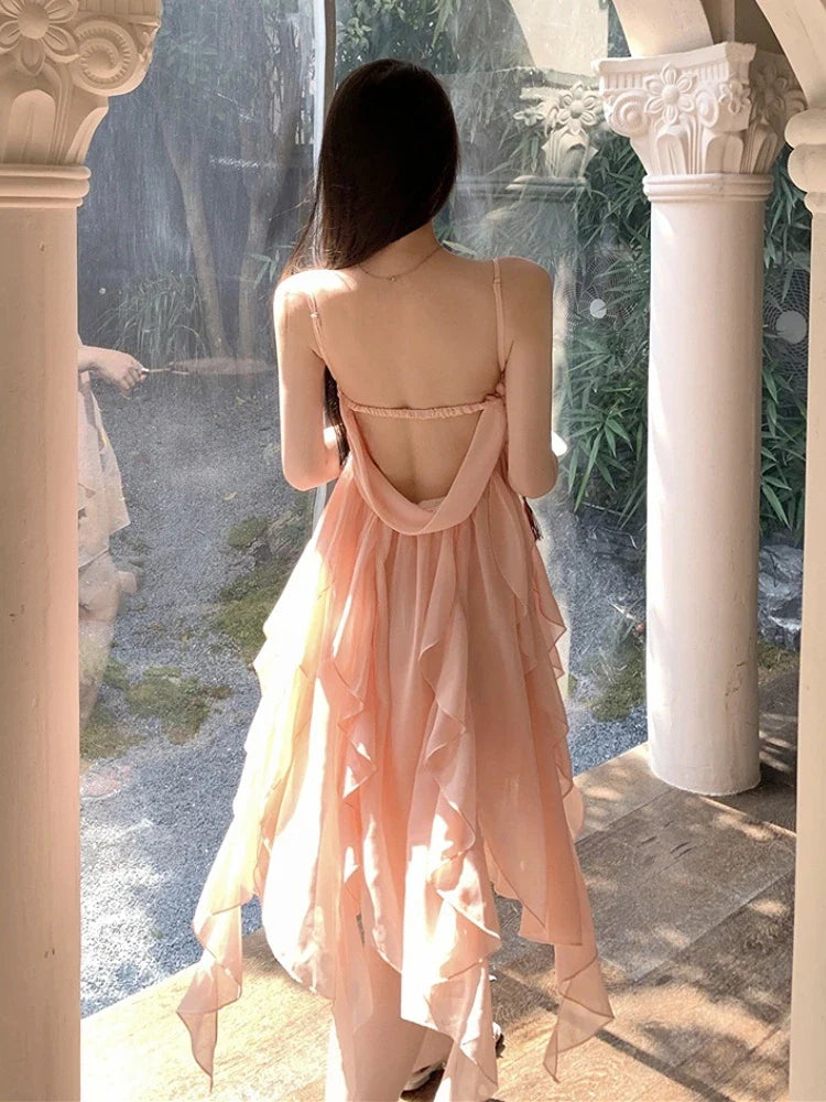 vmtvr Fairy Chiffon Pink Strap Dress Women Sexy Backless Even Party Dress Beach Style Casual Y2k Mini Dress Korean Summer Chic