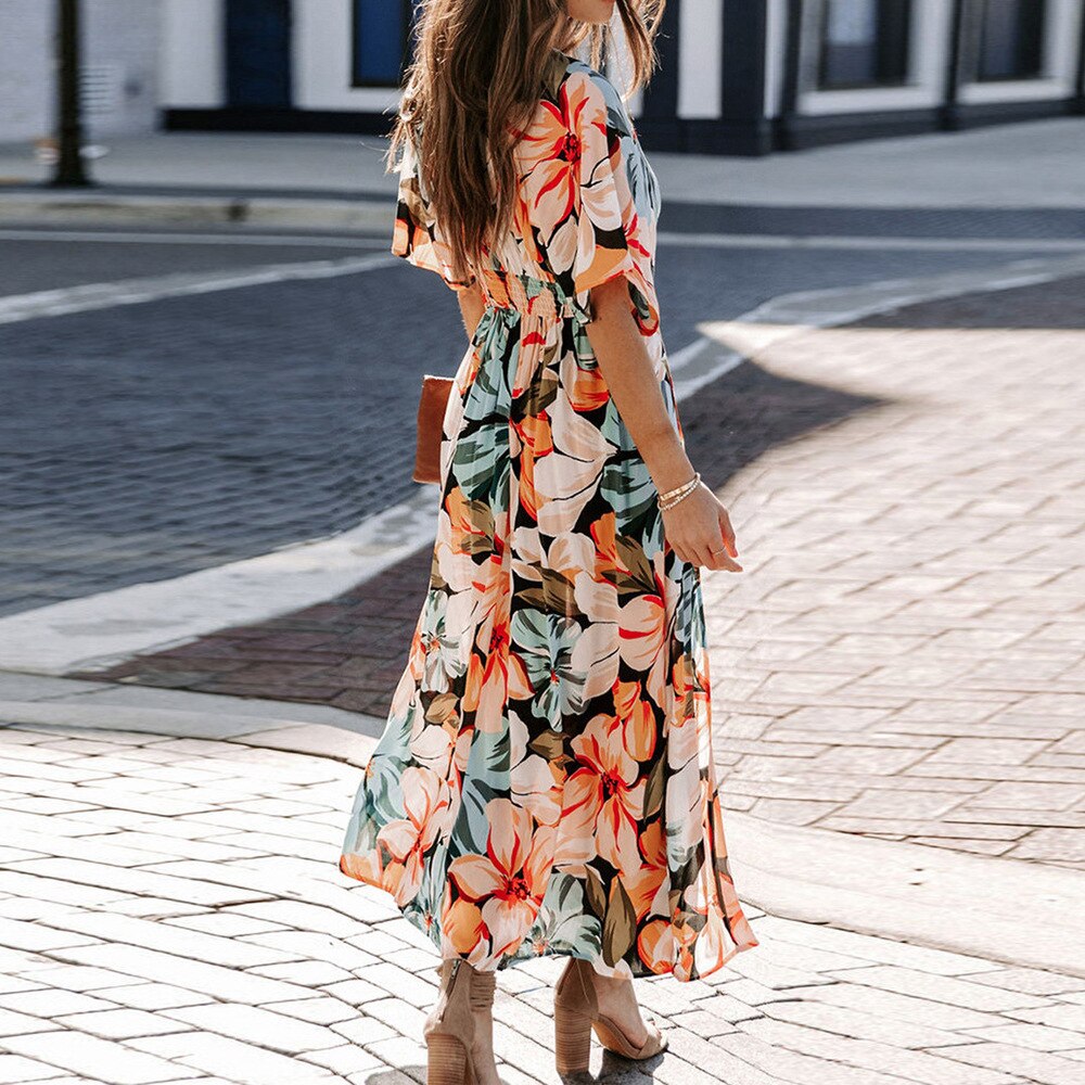 vmtvr - Spring New Chiffon Dress V Collar Raglan Sleeve Beach Vestidos Boho Floral Printed Split Maxi Dress Mujer Robe Femme été