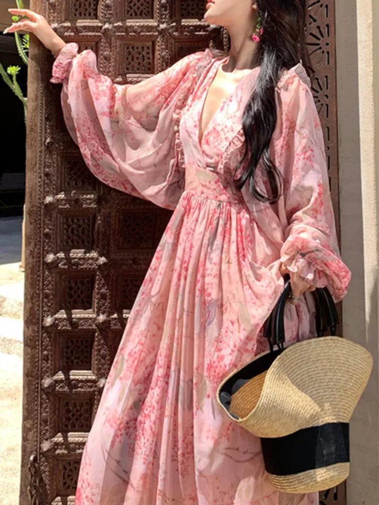 vmtvr Spring And Summer Floral Print Long Dress For Women Lantern Sleeve Beach Holiday Dresses V-Neck Long-Sleeved Robe Clothes