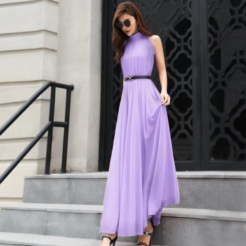 Simple Elegant Ladies Sleeveless Black Red Chiffon Long Dresses Women's Summer Fashion Ruffled Halter High Waist Maxi Dress Robe