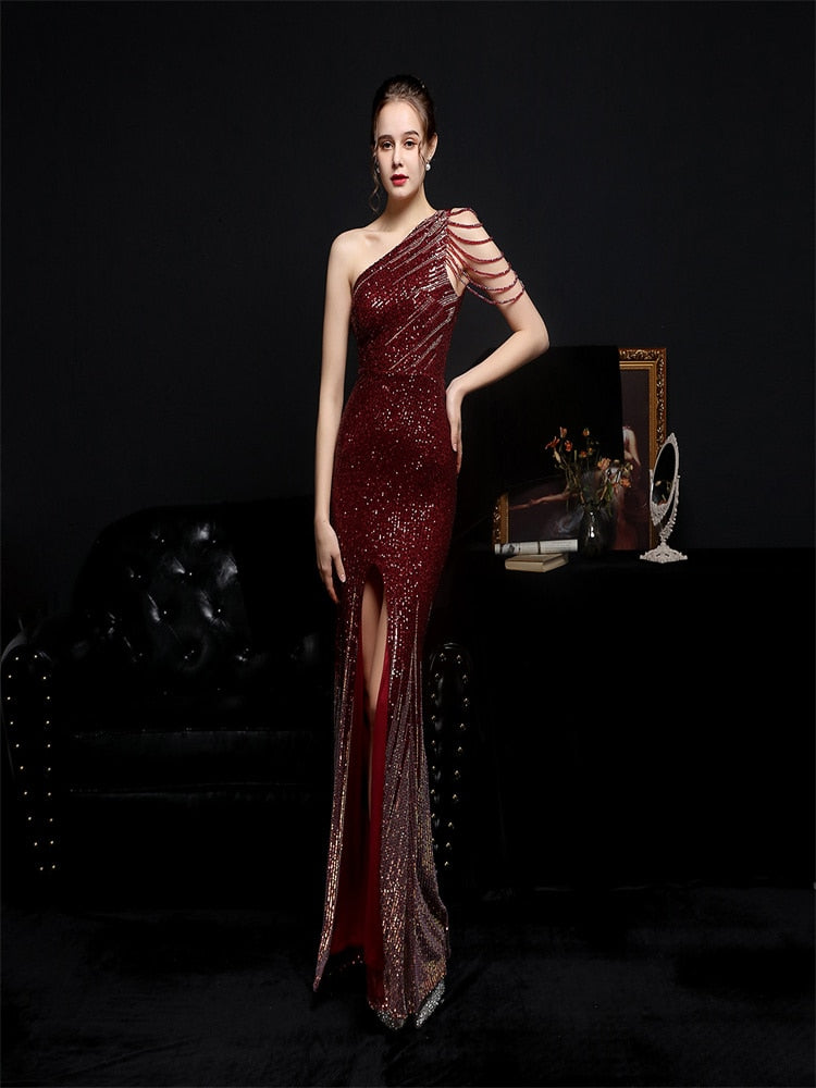 vmtvr - Elegant One Shoulder Slit Gold Sequin Evening Dress Women Beads Party Maxi Dress