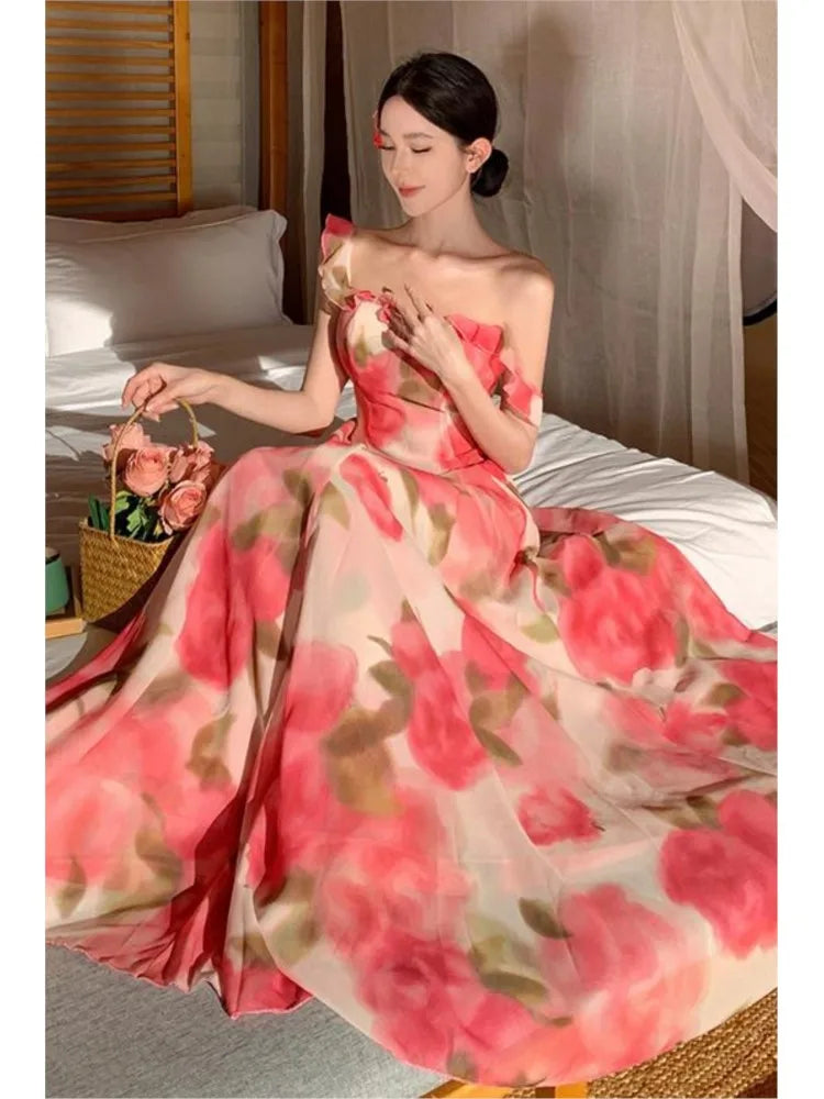 vmtvr Vintage Elegant Women's Pink Rose Print Dress Summer Square Collar Flounced Edge Slip Dress Beach Holiday Party Female Chothing