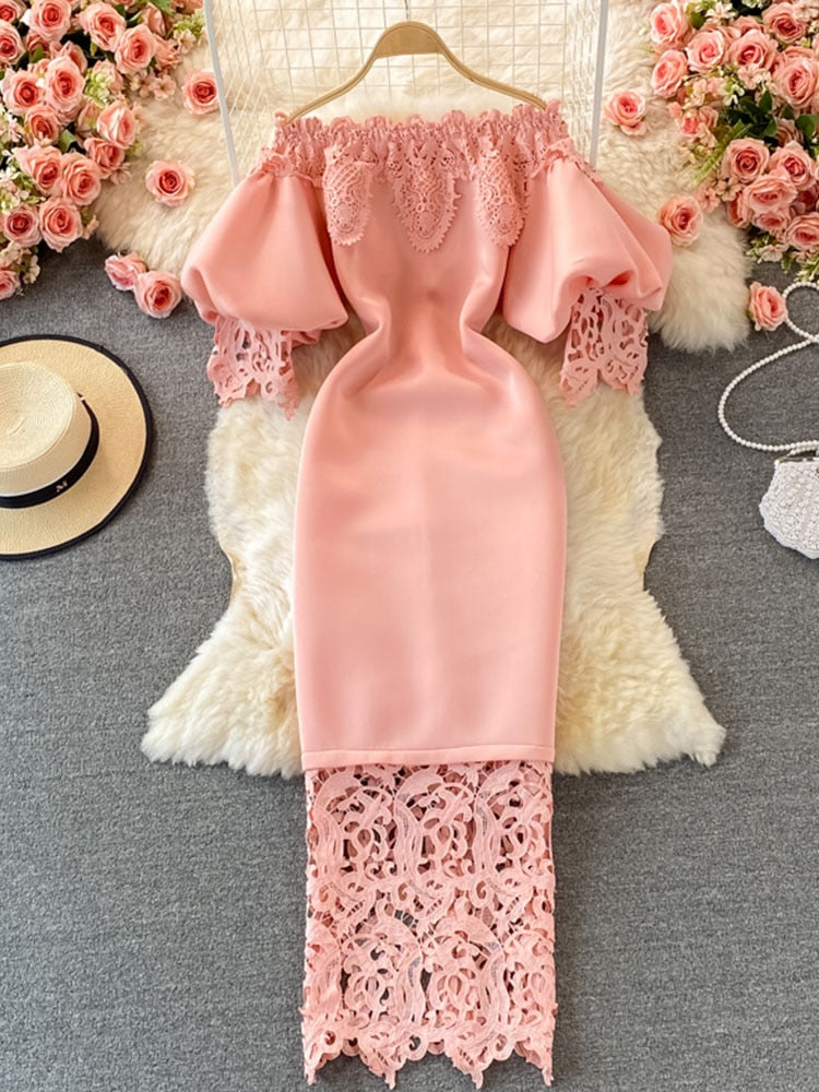 Off Shoulder Lace Evening Dresses Long Luxury Party Prom Lantern Short Sleeve White Bodycon Bandage Dress