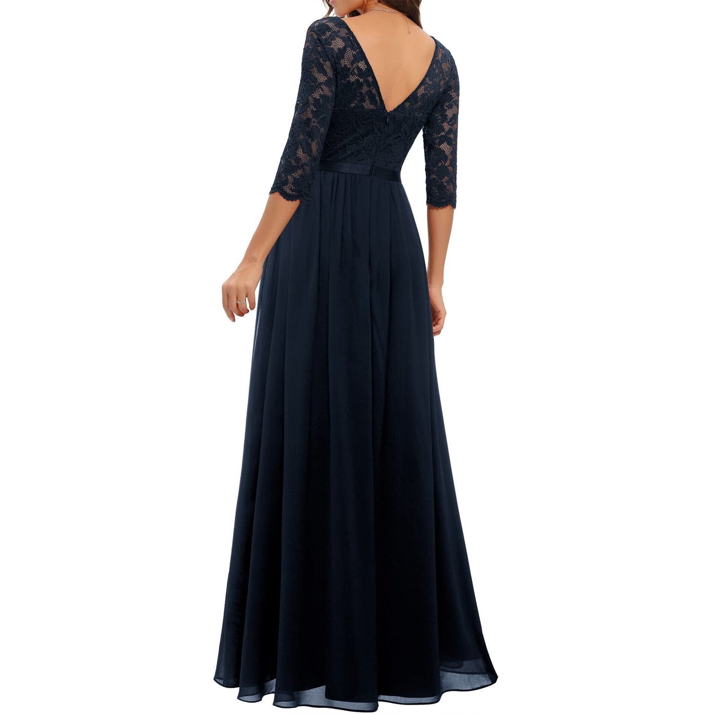 vmtvr Women's Elegant Vintage V Neck 3/4 Sleeve Floral Lace Chiffon Wedding Bridesmaid Maxi Dress Long Formal Dresses