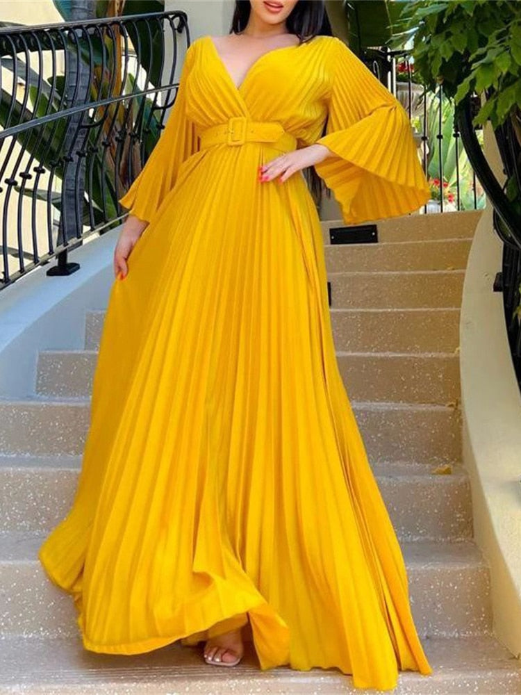 vmtvr Sexy V-Neck Pleated Dinner Party Dress Women Yellow Elegant with Belt Long Sleeve Robe Femme African Maxi Red Vestido