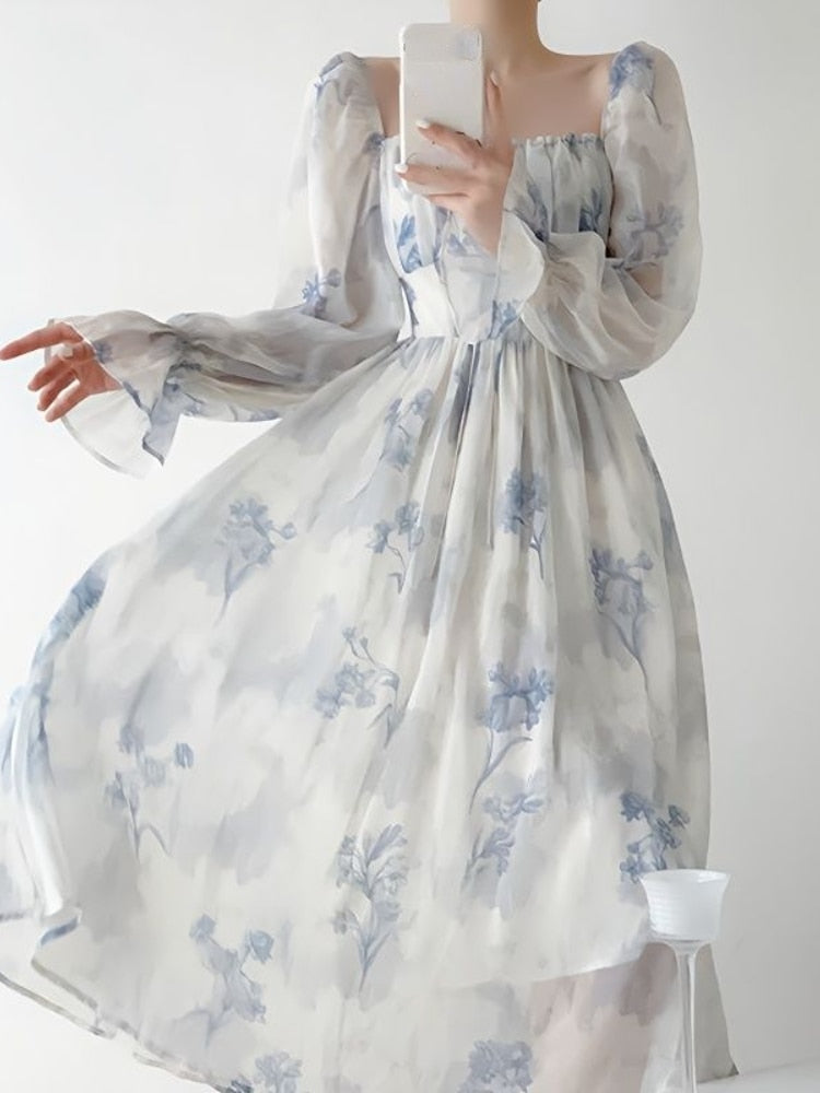 vmtvr - Summer French Elegant Floral Midi Dress Party Chiffon Vintage Fashion Dress Beach Long Sleeve Casual Dress Office Lady Chic