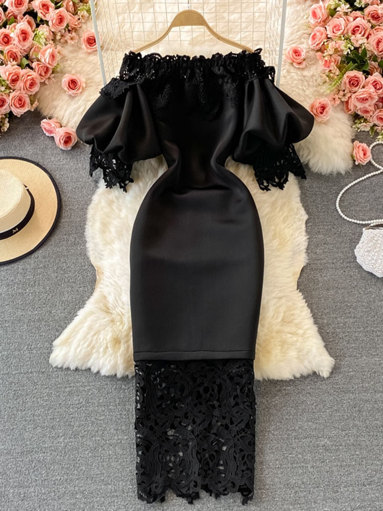 Off Shoulder Lace Evening Dresses Long Luxury Party Prom Lantern Short Sleeve White Bodycon Bandage Dress