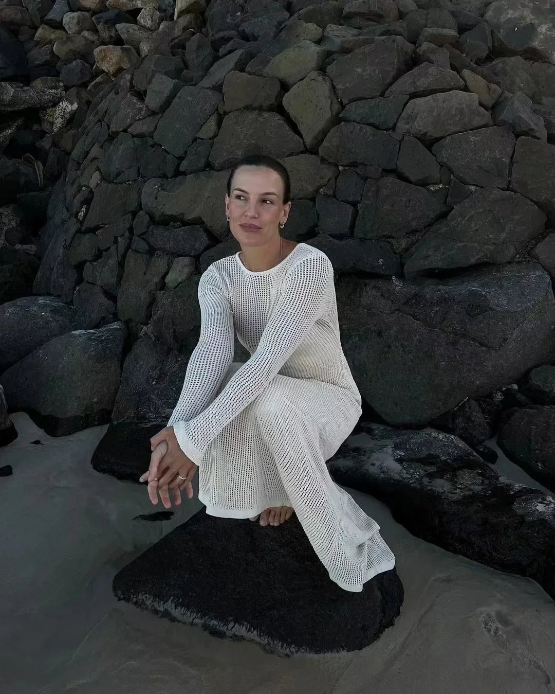 vmtvr Elegant Hollow Out Knit Maxi Dress for Women Summer Beachwear Holiday Long Sleeve Cover-Ups Long Dresses