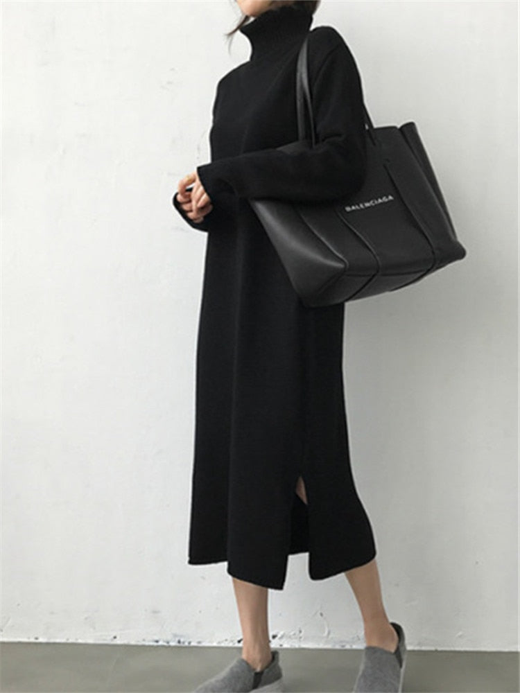 Turtleneck Winter Womens Dress Fall Sweater Women Dress Long Sleeve Knitted Dresses Maxi Vintage Oversize Dresses Knitting