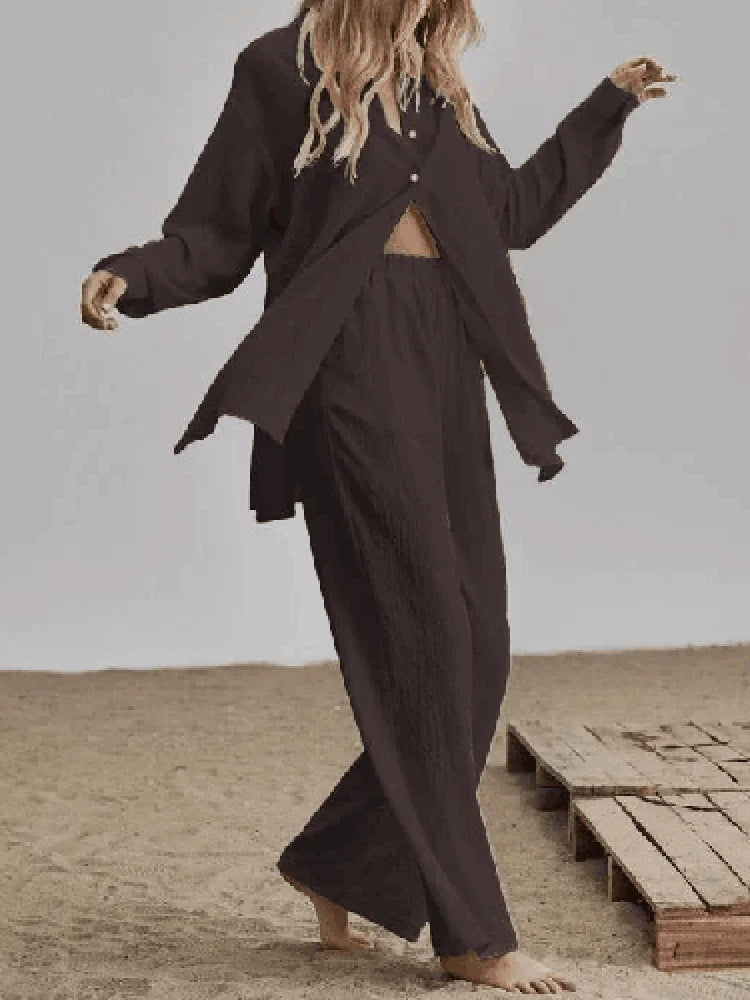 vmtvr Cotton Linen Long Sleeved Temperament Commuter Suit Single Breasted Slit Shirt & Wide Leg Pants Lady 2pc Set Summer Loose Outfit