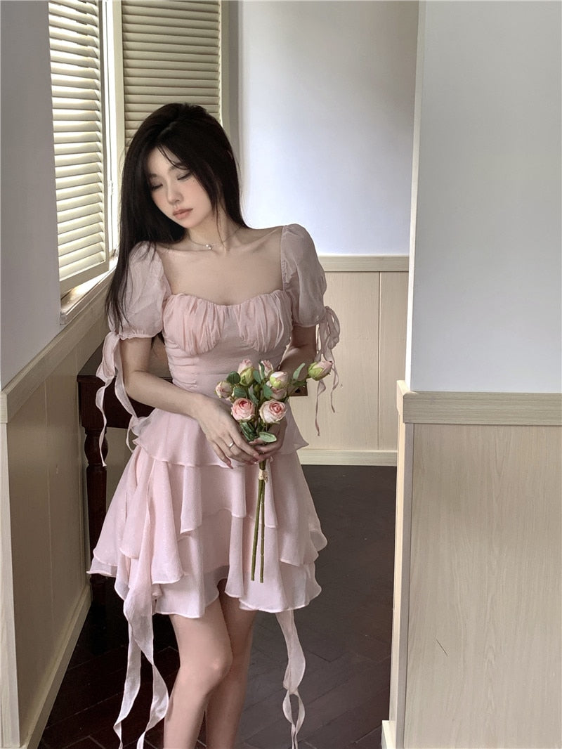 vmtvr Pink Kawaii France Style Short Dress Women Elegant Evening Party Midi Dresses Cute Sweet Puff Sleeve Clothing 2023