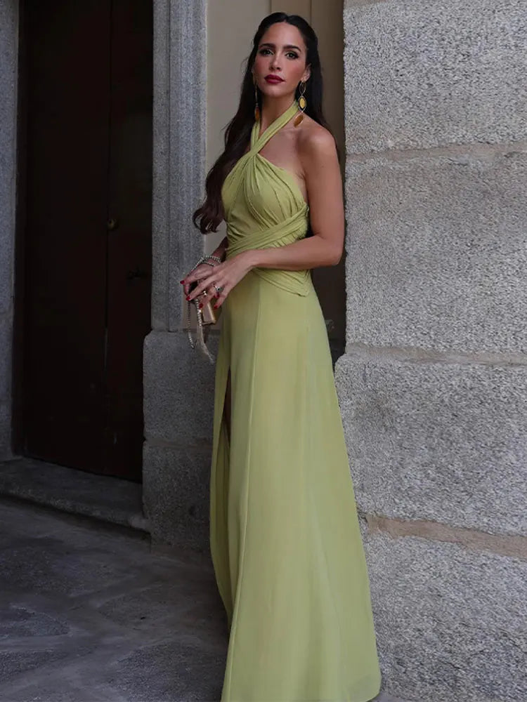 vmtvr Sexy Solid Pleated Women's Split Maxi Dress Chic Hanging Neck Open Back Sleeveless Vestidos Summer Lady Party Elegant Robes