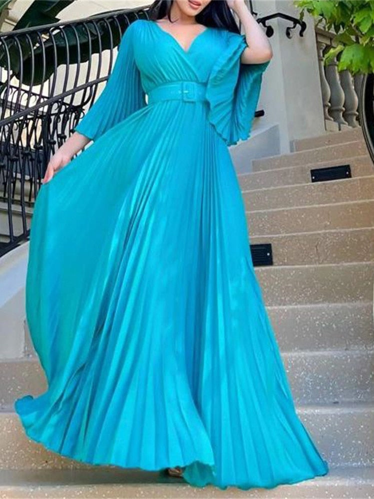 vmtvr Sexy V-Neck Pleated Dinner Party Dress Women Yellow Elegant with Belt Long Sleeve Robe Femme African Maxi Red Vestido