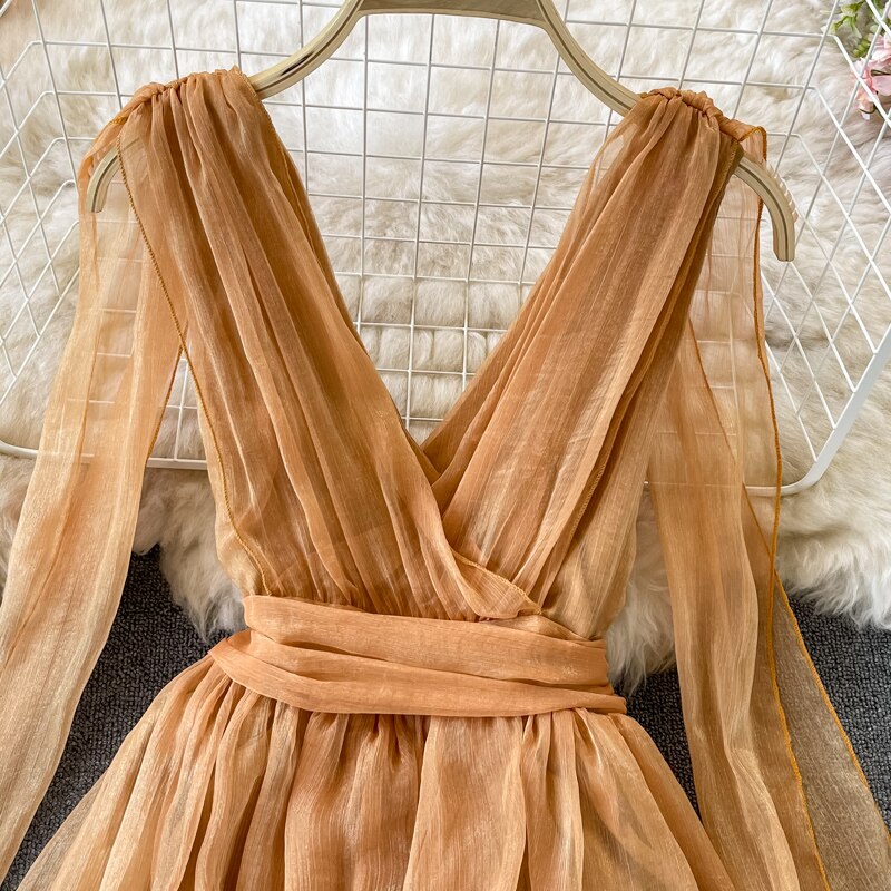 vmtvr - Autumn Khaki/White Bandage Chiffon Long Dress Sexy Deep V-Neck Sleeveless High Waist Vestidos Vacation Beach Maxi Robe New