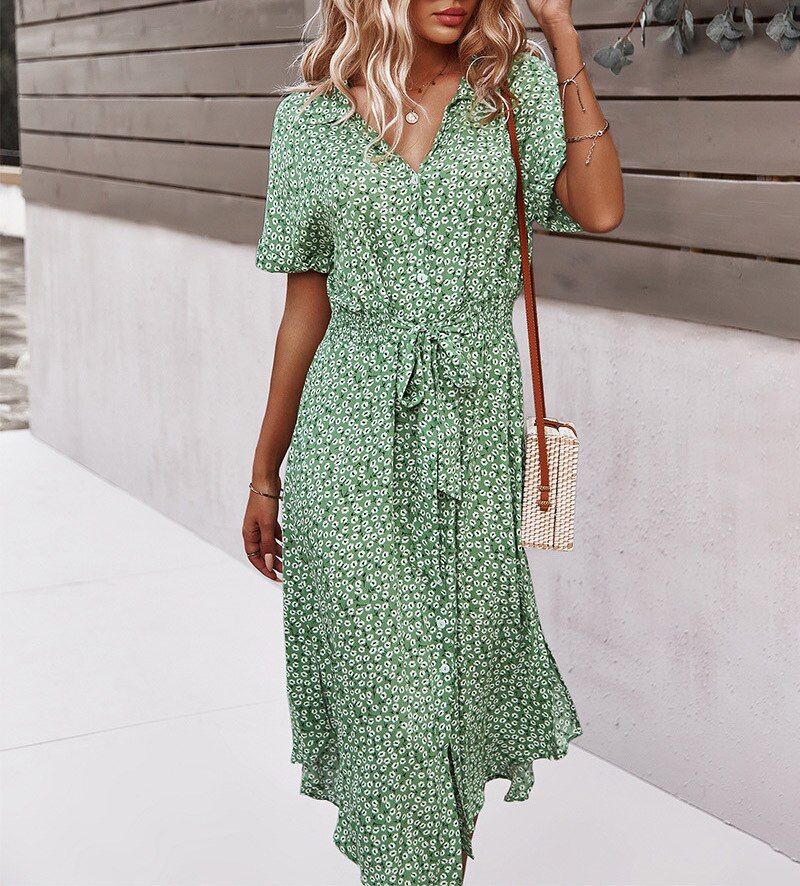 vmtvr Summer Puff Sleeve Long Dress Women Elegant Printed V-Neck Maxi Dresses Boho Drawstring Loose Holiday Beach Dress