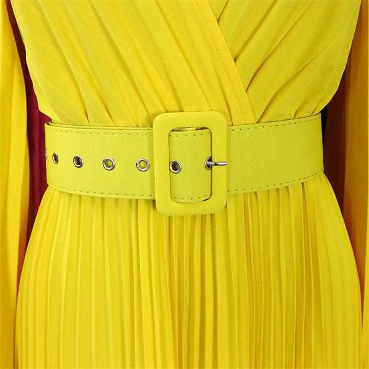 vmtvr Sexy V-Neck Pleated Dinner Party Dress Women Yellow Elegant with Belt Long Sleeve Robe Femme African Maxi Red Vestido