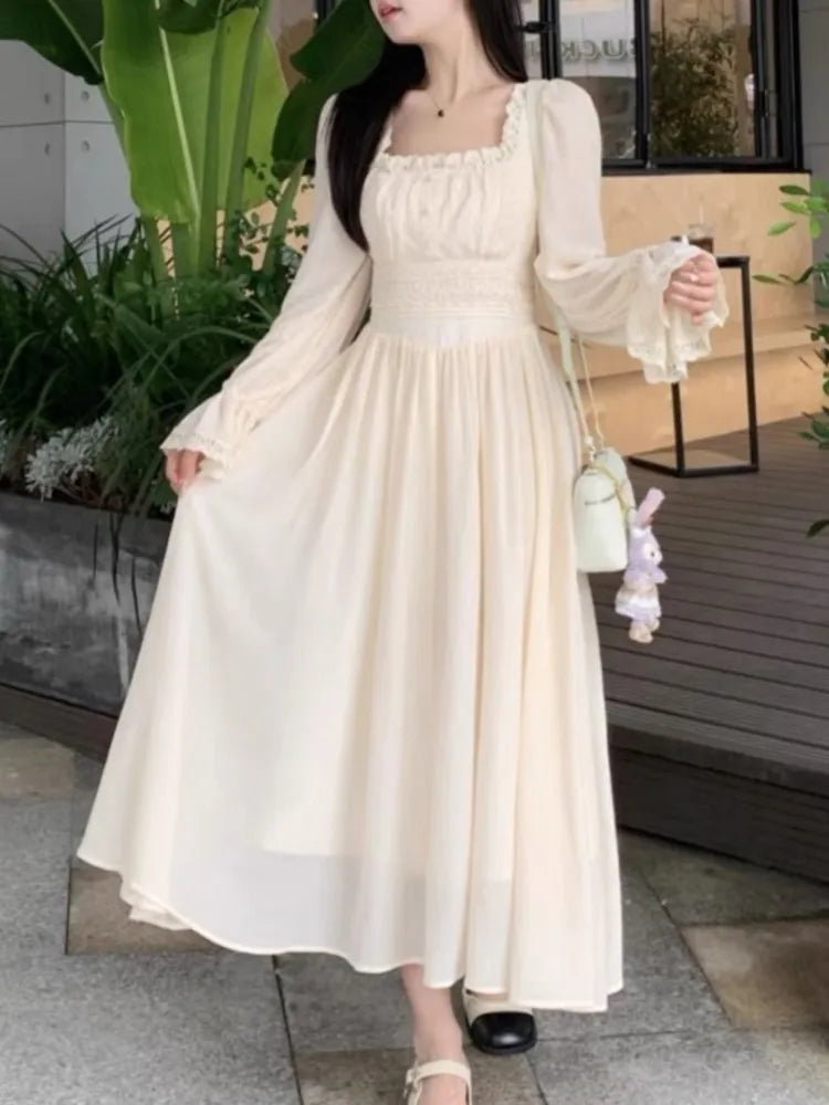 vmtvr Women French Princess Midi Dresses Summer Korean Lace Spliced Long Sleeve Vestidos New Fashion Evening Solid Clothes