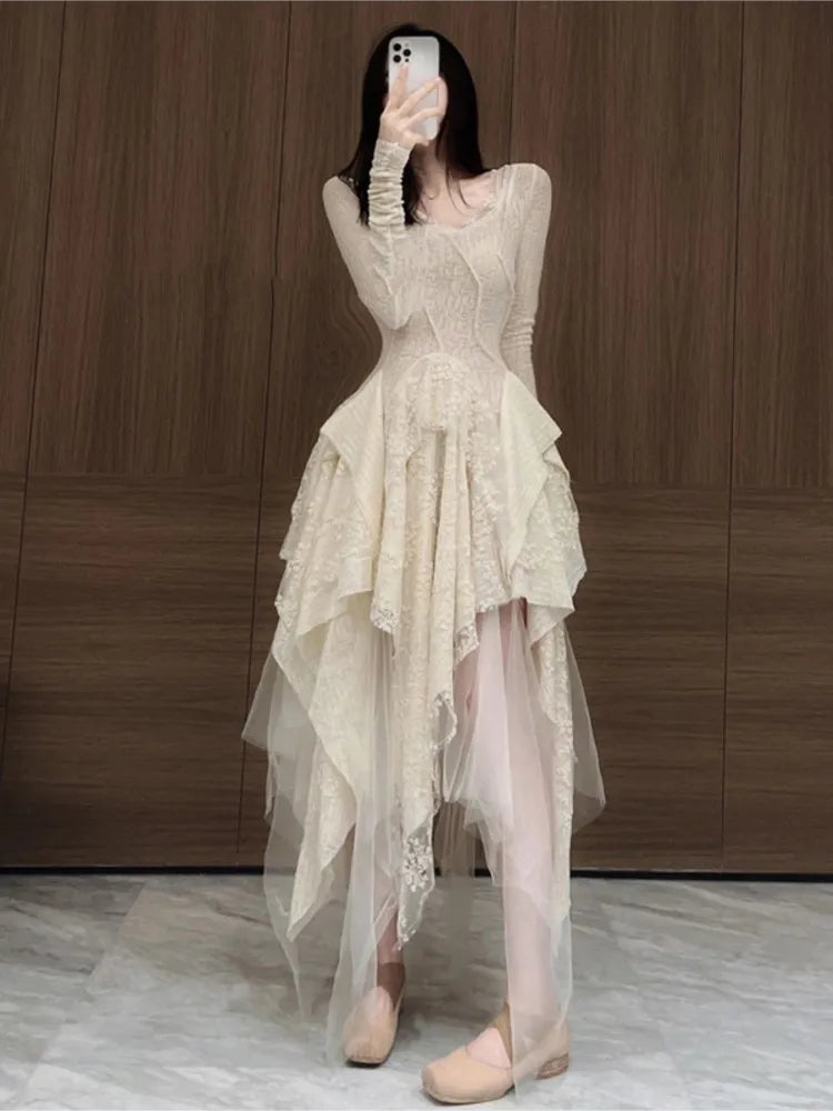 vmtvr - French Elegant Women's Vintage Dress Autumn Winter New Irregular Lace Splicing Evening Long Bridesmaid Party Dress