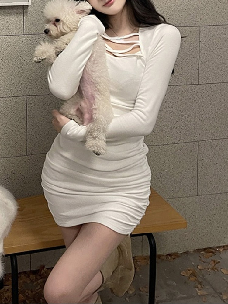 vmtvr - Spring Long Sleeve Elegant Bodycon Dress Women Casual Slim Y2k Mini Dress Office Lady One Piece Dress Korean Fashion Chic