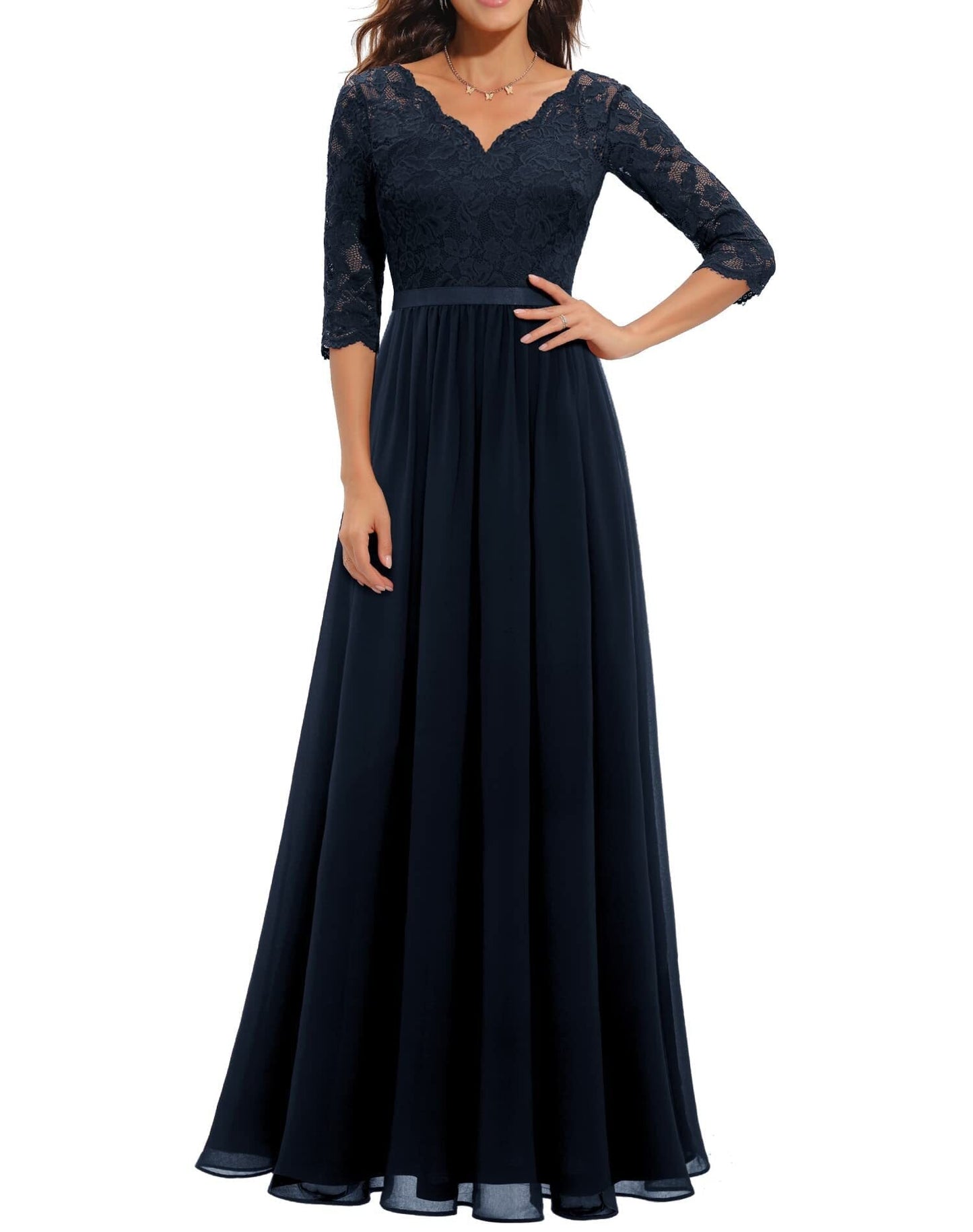 vmtvr Women's Elegant Vintage V Neck 3/4 Sleeve Floral Lace Chiffon Wedding Bridesmaid Maxi Dress Long Formal Dresses