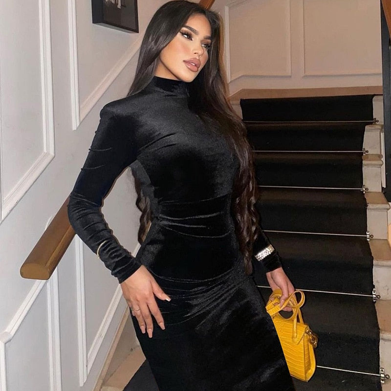 Long Sleeve Elegant Black Velvet Bodycon Maxi Dress For Women Ruched Party Evening Long Dresses Spring Female Clothes