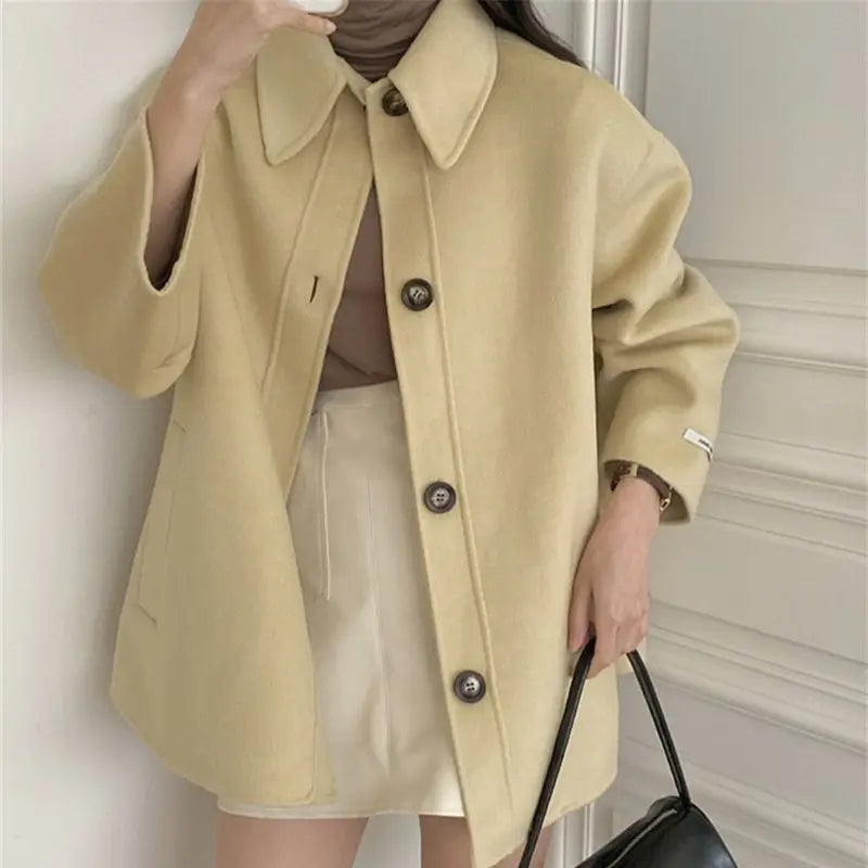 vmtvr Retro Winter Woolen Coat Women Loose Lapel Long Sleeve Lace-up Single-Breasted Jacket New Elegant Mid-Length Casual Outwear