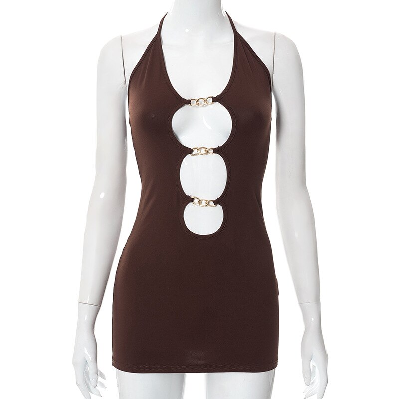 Sexy Halter Summer Women'S Dress Solid Hollow Out Metal Ring Harajuku Bandage Bodycon Dresses Party Club Vestidos Outfit