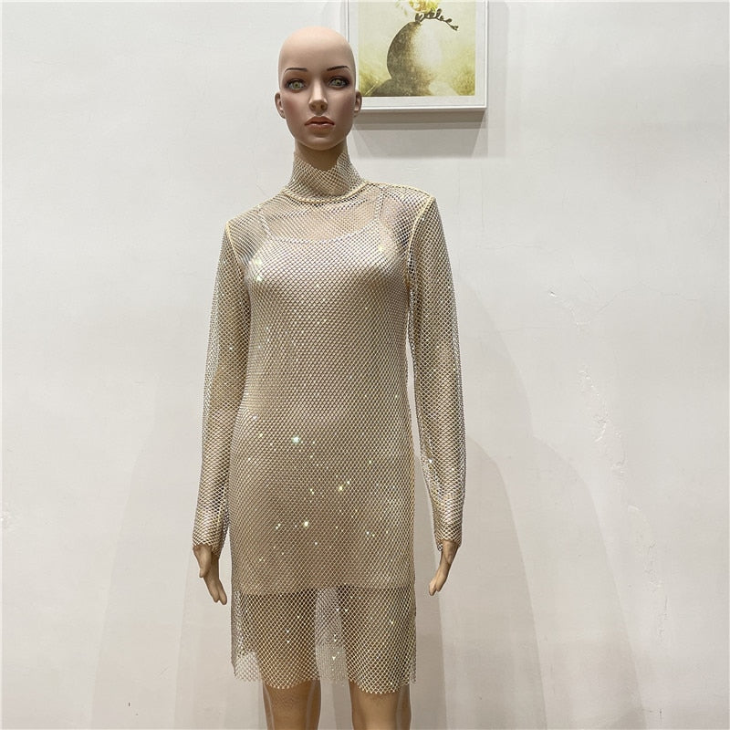 Sexy Black Mesh Diamond Bandage Dress Women Fall New Fashion Party Dress High Neck Long Sleeve Bodycon Mini Vestido 92cm