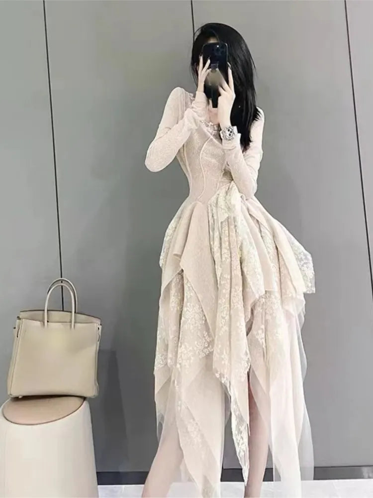 vmtvr - French Elegant Women's Vintage Dress Autumn Winter New Irregular Lace Splicing Evening Long Bridesmaid Party Dress