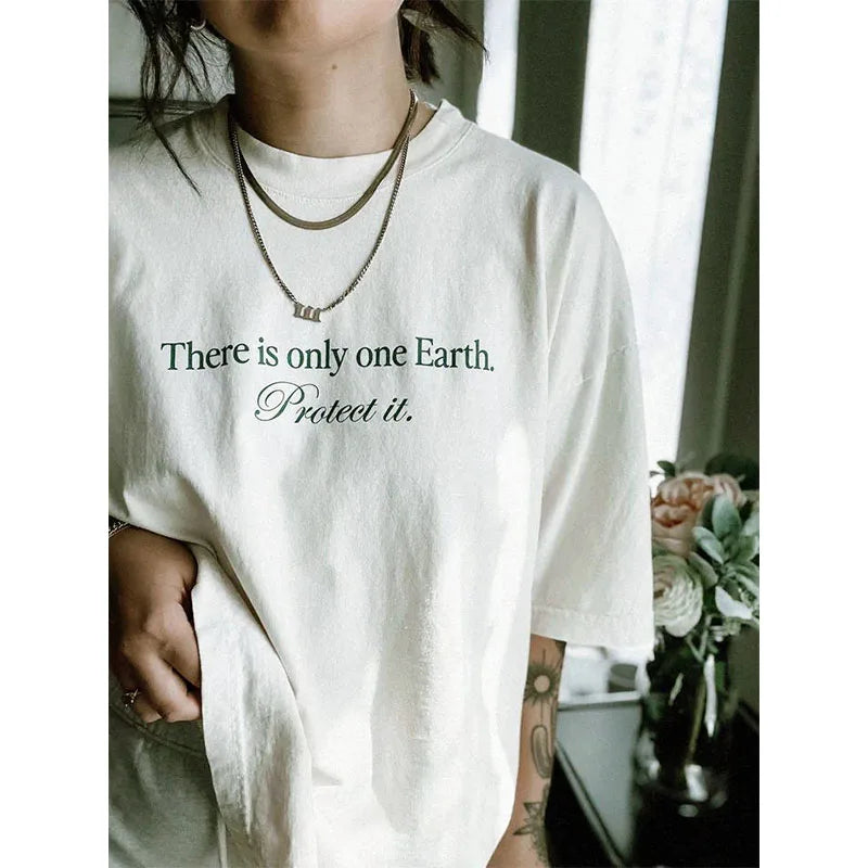 -Retro sports style outfit streetwear 90s fashion There is Only One Earth Protect it Slogan Printing Short Sleeve T shirts Female Summer Cotton Oversize Casual Tops Tees