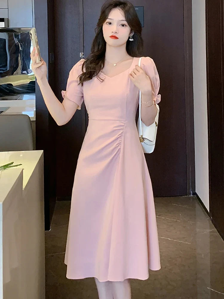 vmtvr Summer Pink Puff Sleeve Square Collar Midi Dresses Women Korean Vintage Hepburn Dress 2024 Black Dresses for Official Occasions