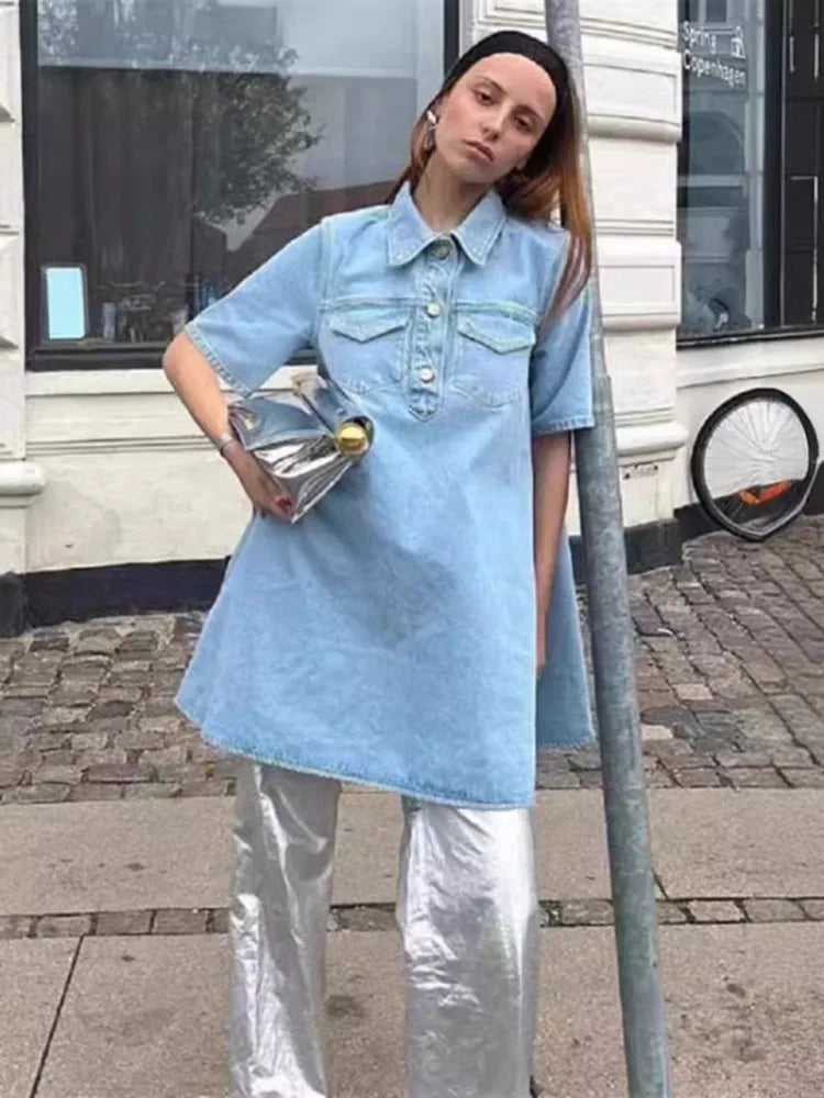 vmtvr Summer Blue Denim Mini Dress Women Fashion Turn-down Collar Loose A-line Dress 2024 Short Sleeve Casual Dress Streetwear
