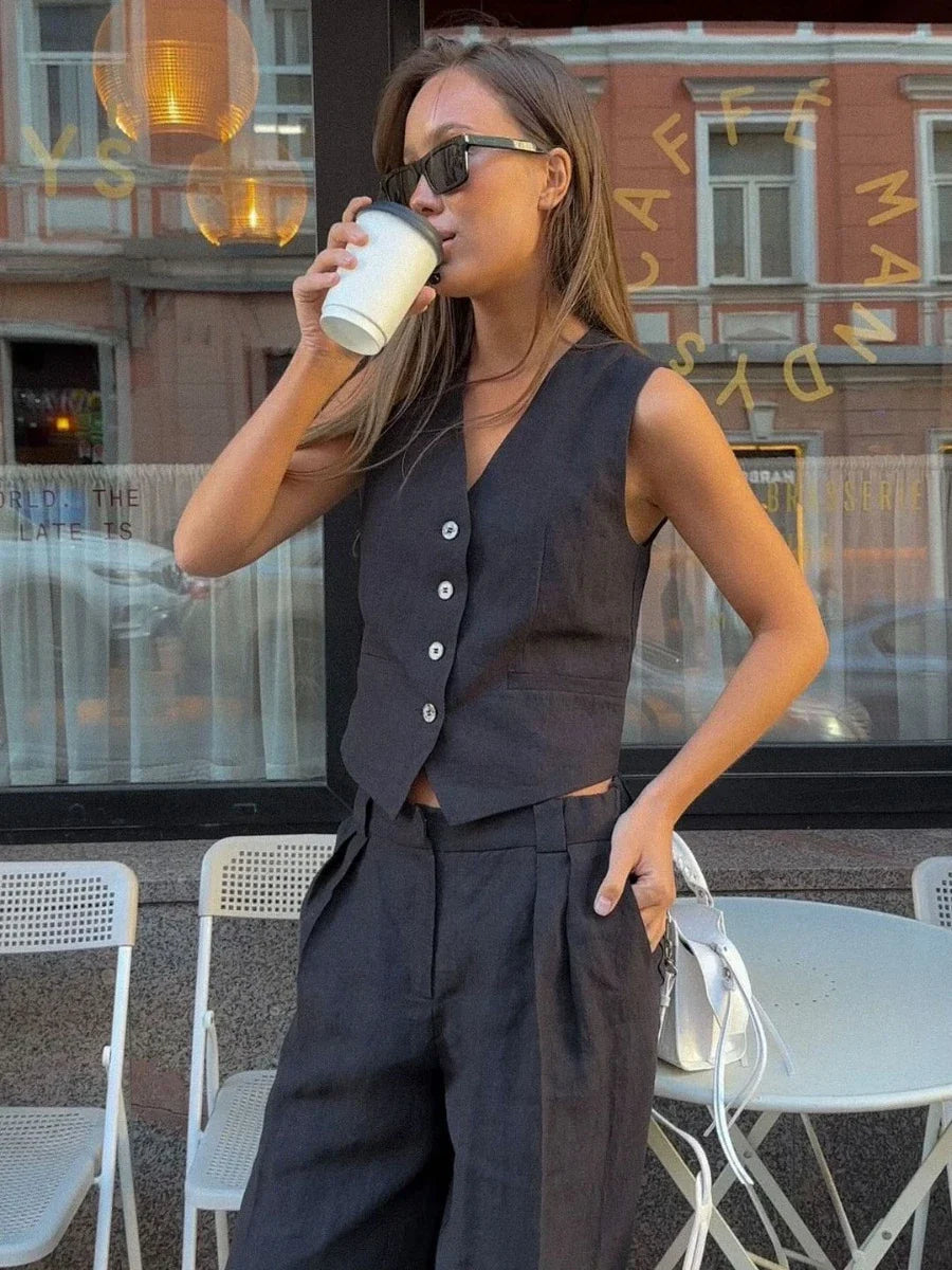 vmtvr Womem Linen Cotton Chic Vest & Pants Suit Two-Piece Set Office Ladies Summer Chic 2 Piece Sets Womens Outfits