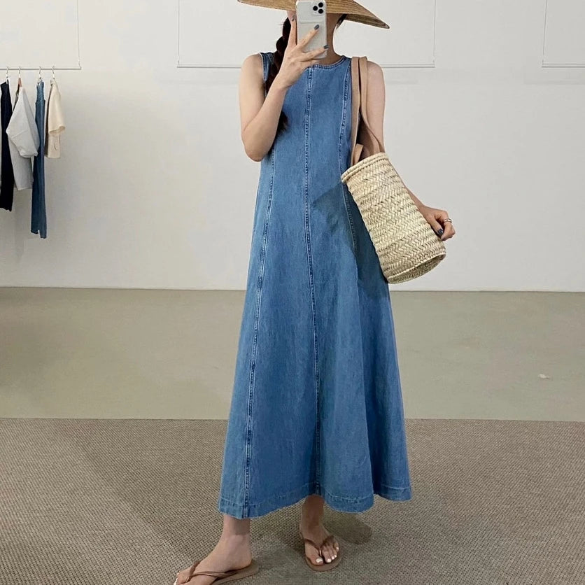 vmtvr Vintage Square Collar Denim Dress Casual Slim 2024 Summer Female Jeans Dress Zipper Sleeveless Women Jeans Dress Vestidos S916
