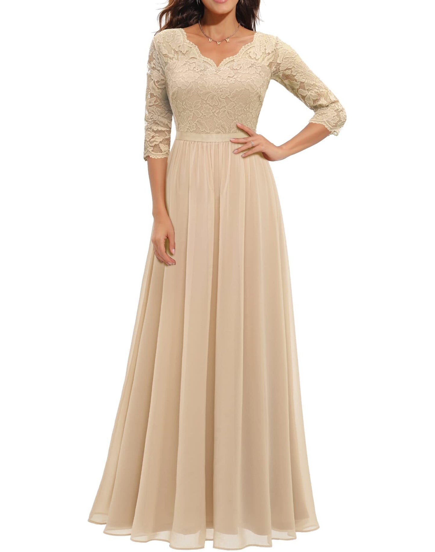 vmtvr Women's Elegant Vintage V Neck 3/4 Sleeve Floral Lace Chiffon Wedding Bridesmaid Maxi Dress Long Formal Dresses