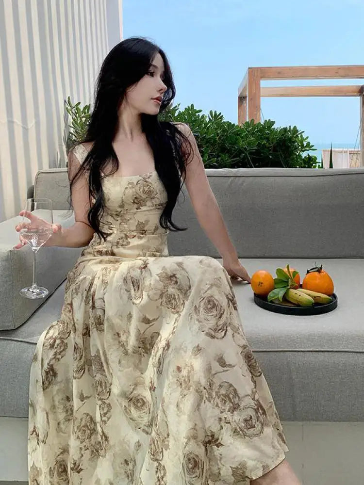 vmtvr Rose Floral Printing Ruffles Slip Long Dresses Bohemian Backless Sleeveless Women Summer Beach Travel Party Wear Ladies Vintage