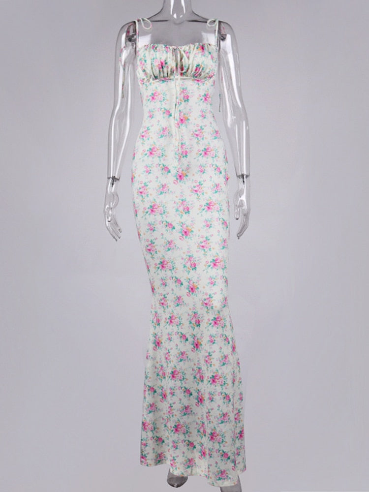 vmtvr Floral Print Cottagecore Elegant Sleeveless Maxi Sundress Sexy Backless Women Party Club Tie Front Dress Holiday