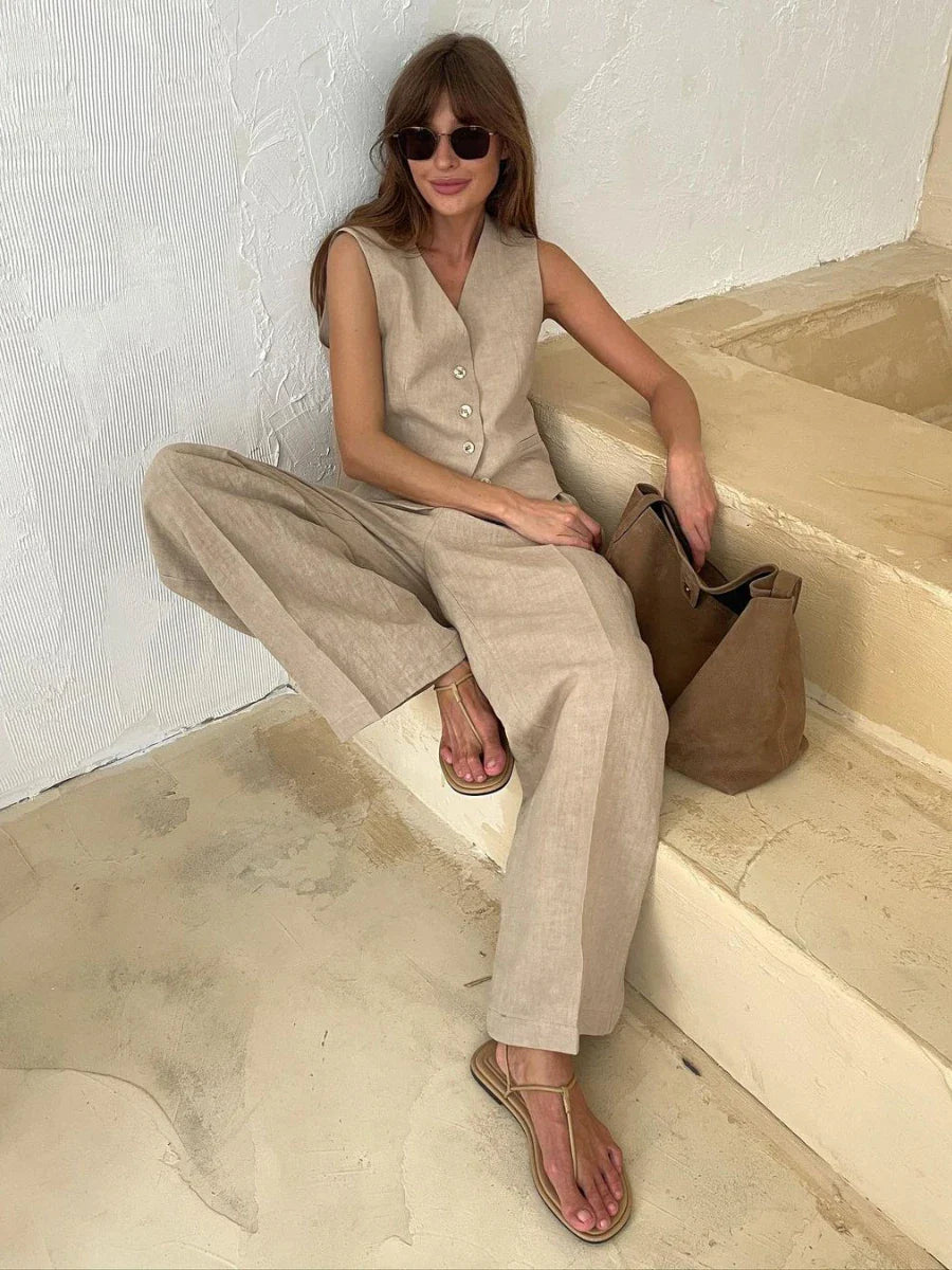 vmtvr Womem Linen Cotton Chic Vest & Pants Suit Two-Piece Set Office Ladies Summer Chic 2 Piece Sets Womens Outfits