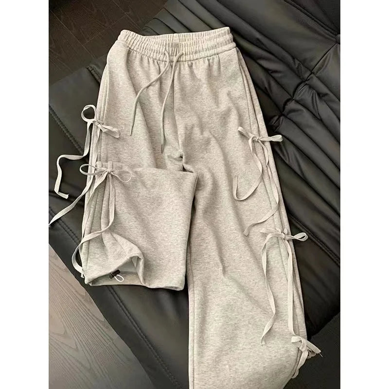vmtvr Summer Korean Style Wear Gray Casual Top Female 2024 New Bow Design Super Sweet High Waist Slim Wide Leg Pants Two-piece Suit