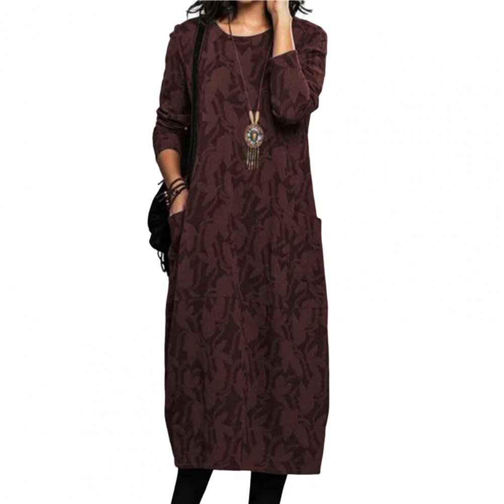 Women Midi Dress for Women Vintage Print Long Sleeves Crew Neck Dress Spring Autumn Loose Double Pockets Dress Streetwear
