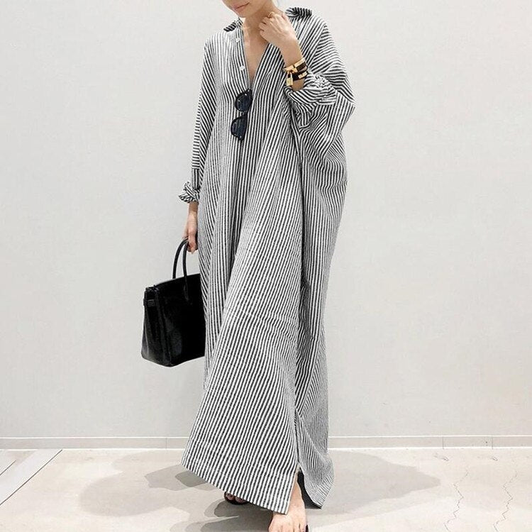 vmtvr - Single Breasted Loose Maxi Dress Stripe Button Down Oversized Dress Long Sleeve Casual Blouse Dresses 5XL Plus Size Dress