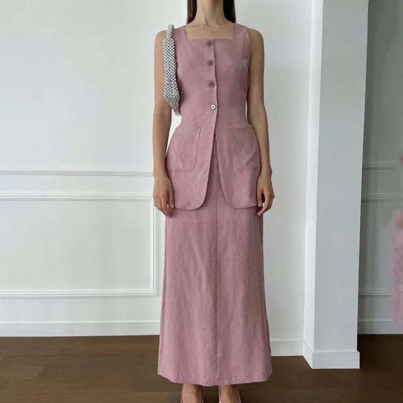vmtvr Women's Cotton Vest Skirt Set Spring and Summer Women's Casual Office Pocket Single Row Button Top Slim Fit Loose Skirt 2Pcs