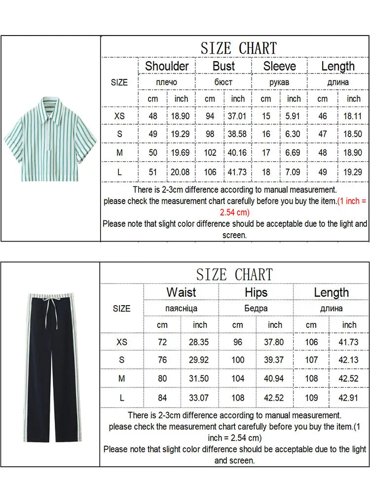 vmtvr New Summer Casual Striped Shirt Suit Women Short Sleeve Lapel Pullover Top +Elastic Waist Lace Up Pants 2024 Spring New