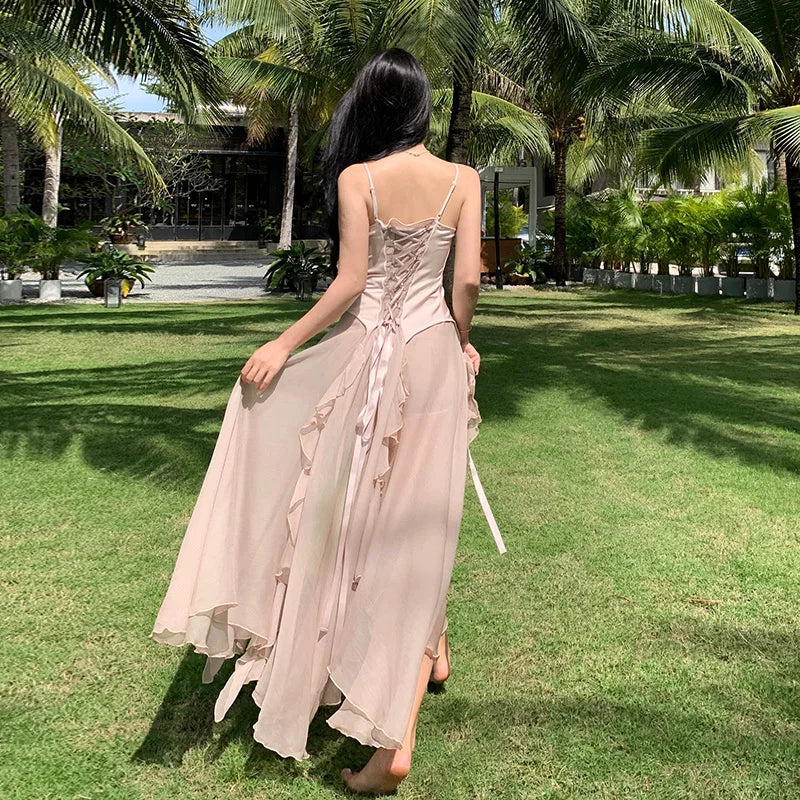 vmtvr - Maxi Long Dresses for Women New Summer Elegant Spaghetti Strap Slim Split Ruffle Female Clothes Beach Holiday Bandage Dress