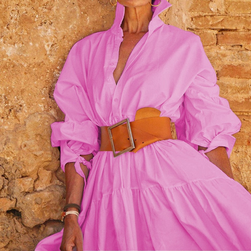 vmtvr - Chic Solid Color Lapel Shirt Dress Women Spring Button-up Long Pullover Dress New Autumn Long Sleeve Hem Pleated Maxi Dress